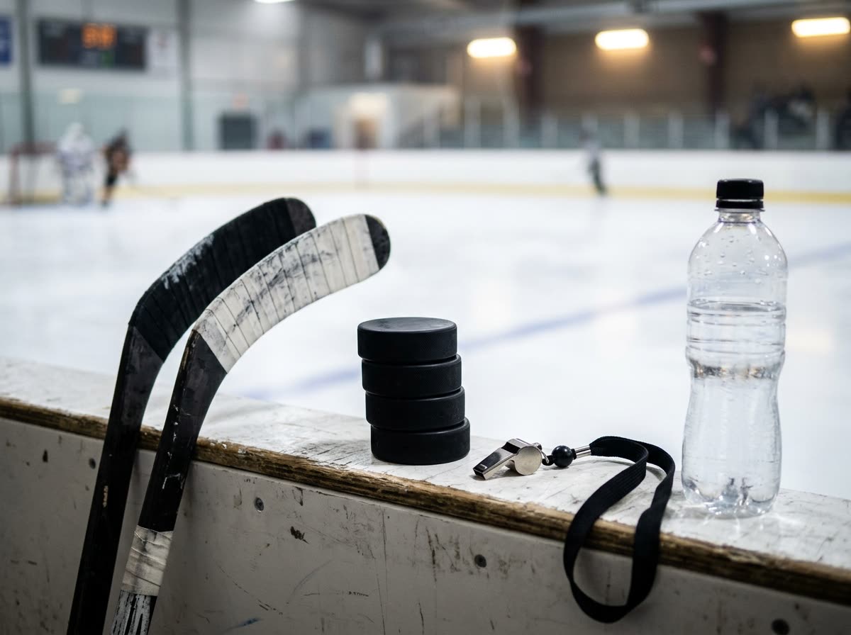 Pucks, taped stick blades and a whistle resting on the top of the rink boards.