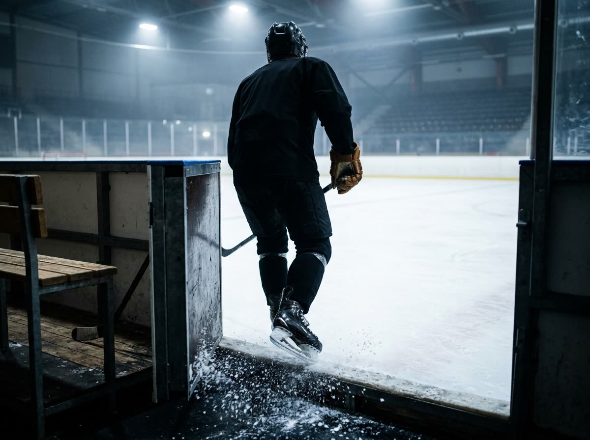 A player in plain gear seen from behind stepping through the bench gate onto the ice.
