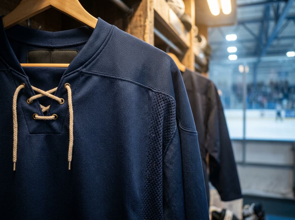 Close-up of a plain hockey jersey with a laced collar hanging in a locker stall.